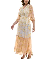 Taylor Plus Printed Blouson-Sleeve Maxi Dress