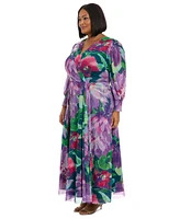 London Times Plus Printed Blouson-Sleeve Maxi Dress