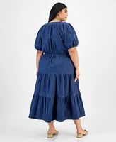 Anne Klein Plus Puff-Sleeve Tiered Midi Dress
