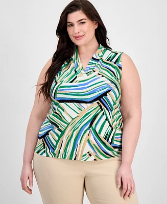 Anne Klein Plus Tripe-Pleat Printed Sleeveless Top