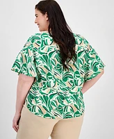Anne Klein Plus Boat-Neck Flutter-Sleeve Printed Blouse