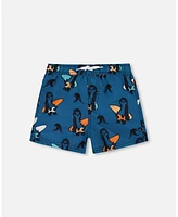 Deux par Boy Printed Swim Trunks Orange Sloths On Navy Blue - Toddler|Child