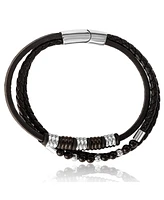 Lucky Brand Stainless Steel Triple Row Black Cord Bracelet - 8.25"