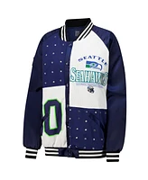 Gameday Couture Women's College Navy/White Seattle Seahawks Oversized Hot Shot Rhinestone Throwback Full-Snap Varsity Bomber Jacket