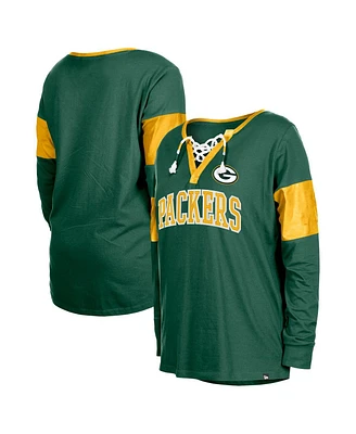 New Era Women's Green Bay Packers Lace-Up Notch-Neck Long Sleeve T-Shirt