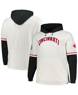 '47 Brand Men's White/Black Cincinnati Reds Big Tall Pinstripe Double Header Collection Pullover Hoodie