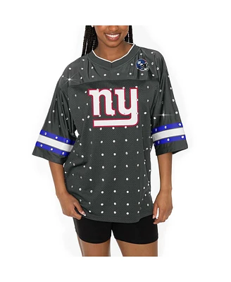 Gameday Couture Women's Anthracite New York Giants Kickoff Time Allover Rhinestone Sports Stripe Jersey V-Neck T-Shirt