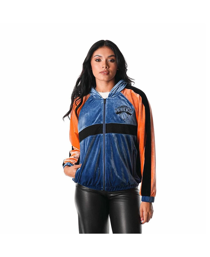 The Wild Collective Women's Blue New York Knicks Velour Full-Zip Track Jacket Hoodie