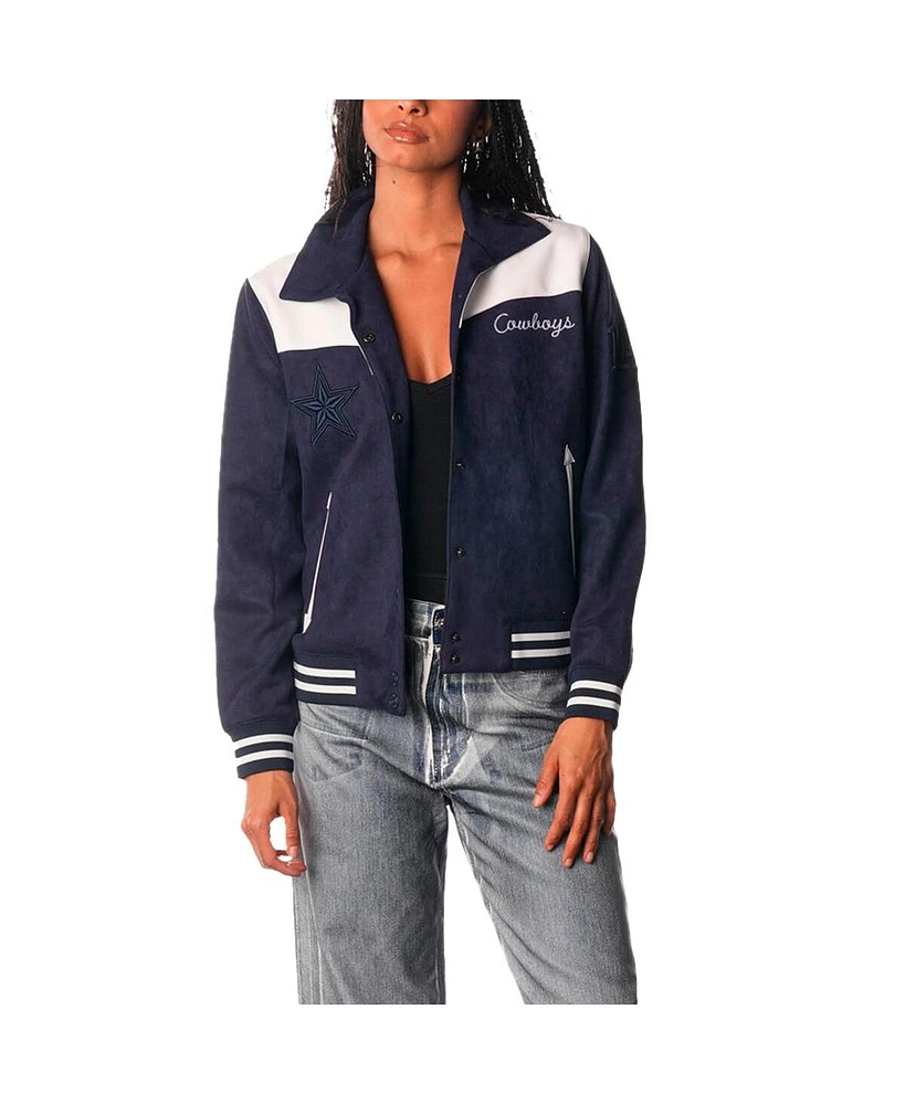 The Wild Collective Women's Navy Dallas Cowboys Suede Full-Snap Bomber Jacket