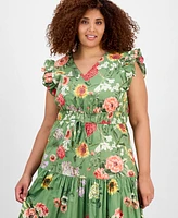 Anne Klein Plus Printed Drawstring-Waist Midi Dress