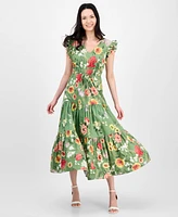 Anne Klein Women's Printed V-Neck Drawstring Maxi Dress