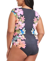 Bleu by Rod Beattie Plus Border-Print Sweet Escape Cap-Sleeve Zip-Front Swimsuit