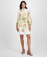 Tahari Women's Mandarin-Collar Belted Long-Sleeve Dress