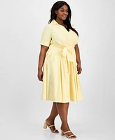 Tahari Plus Collared V-Neck Short-Sleeve Dress