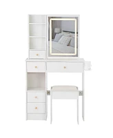 50.40"Small Size Left Drawer Desktop Vanity Table + Cushioned Stool, 2 Ac+2 Usb Power Station, Hair dryer bracket,White