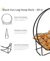 40-Inch Firewood Log Rack Hoop - Iron Round Firewood Rack for Indoor or Outdoor Use - Black