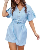 Women's Blue Striped Collared Short Sleeve Romper