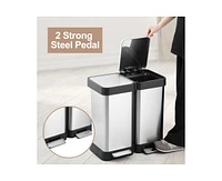 Dual Trash Can, Stainless Steel 2 x 6.5 Gal (2 x 25L) Garbage Can, Double Steel Pedal Recycle Bin with Lid and Inner Buckets, Rectangular Hands-Free K