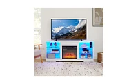 Tv Stand with Electric Fireplace and Glass Shelves for Stylish Storage and Cozy Ambiance