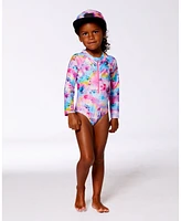 Deux par Girl Printed Long Sleeve Rashguard Butterflies On Multicolored Background - Toddler|Child