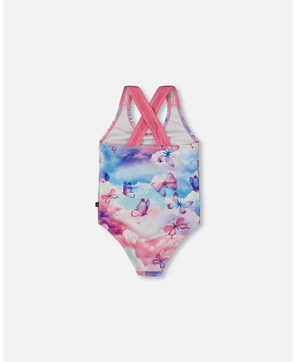 Deux par Girls Printed One-Piece Swimsuit Butterflies On Multicolored Background