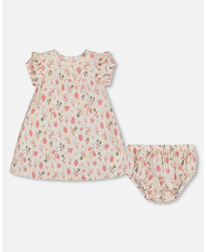 Deux par Baby Girls Printed Seersucker Dress And Bloomer Set Pink Flowers On Cream Background