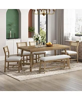 6-piece Retro Farmhouse Style Dining Set, Rectangular Table and 4 Upholstered Chairs with Rattan and Bench for Dining Room and Kitchen