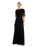 Mac Duggal Women's Crepe A Line Gown With Beaded 3/4 Sleeves