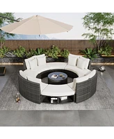 9-Piece Outdoor Patio Furniture Luxury Circular Outdoor Sofa Set Rattan Wicker Sectional Sofa Lounge Set with Tempered Glass Coffee Table, 6 Pillows