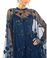 Mac Duggal Women's Embellished Long Flare Sleeve Mesh A-Line Dress