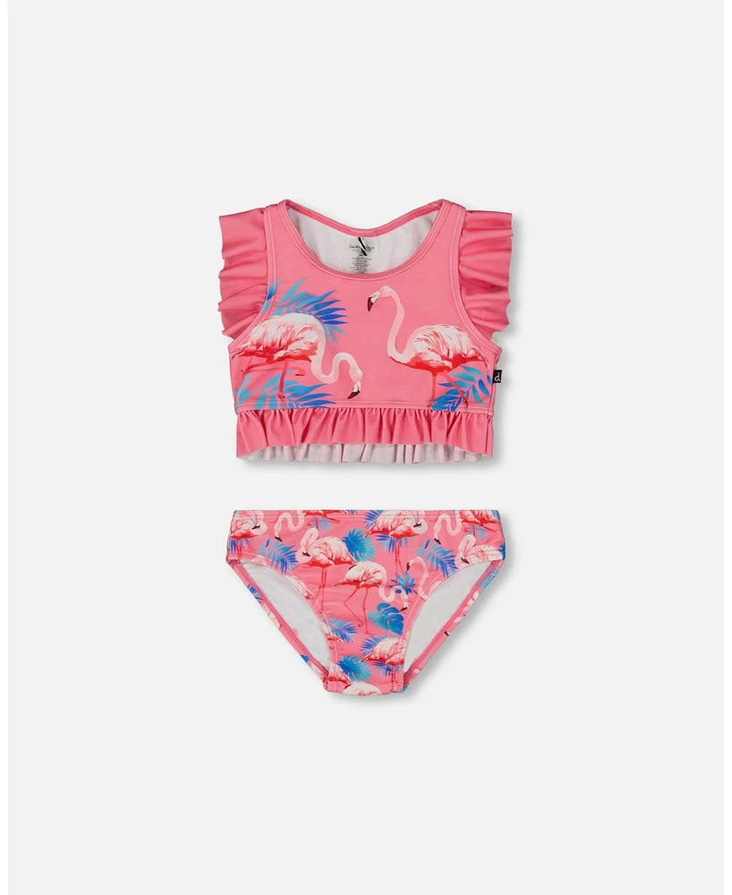 Deux par Girls Printed Two-Piece Swimsuit With Frills Candy Pink And Flamingo