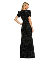 Mac Duggal Women's Gathered Short Sleeve Beaded Gown