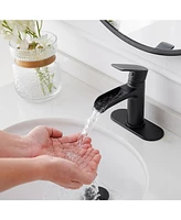 Waterfall Single Handle Single Hole Modern Bathroom Faucet Bathroom Drip-Free Vanity Sink Faucet in Matte Black