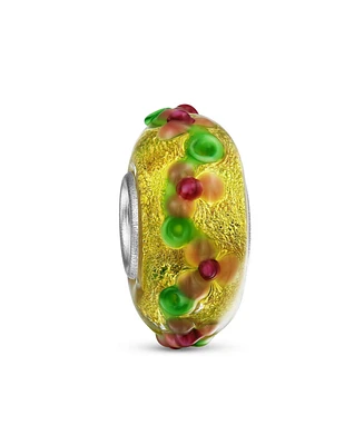 Bling Jewelry Murano Glass Charm Bead 3D Lampwork Multi-Color Gold Foil Flower Silver Core