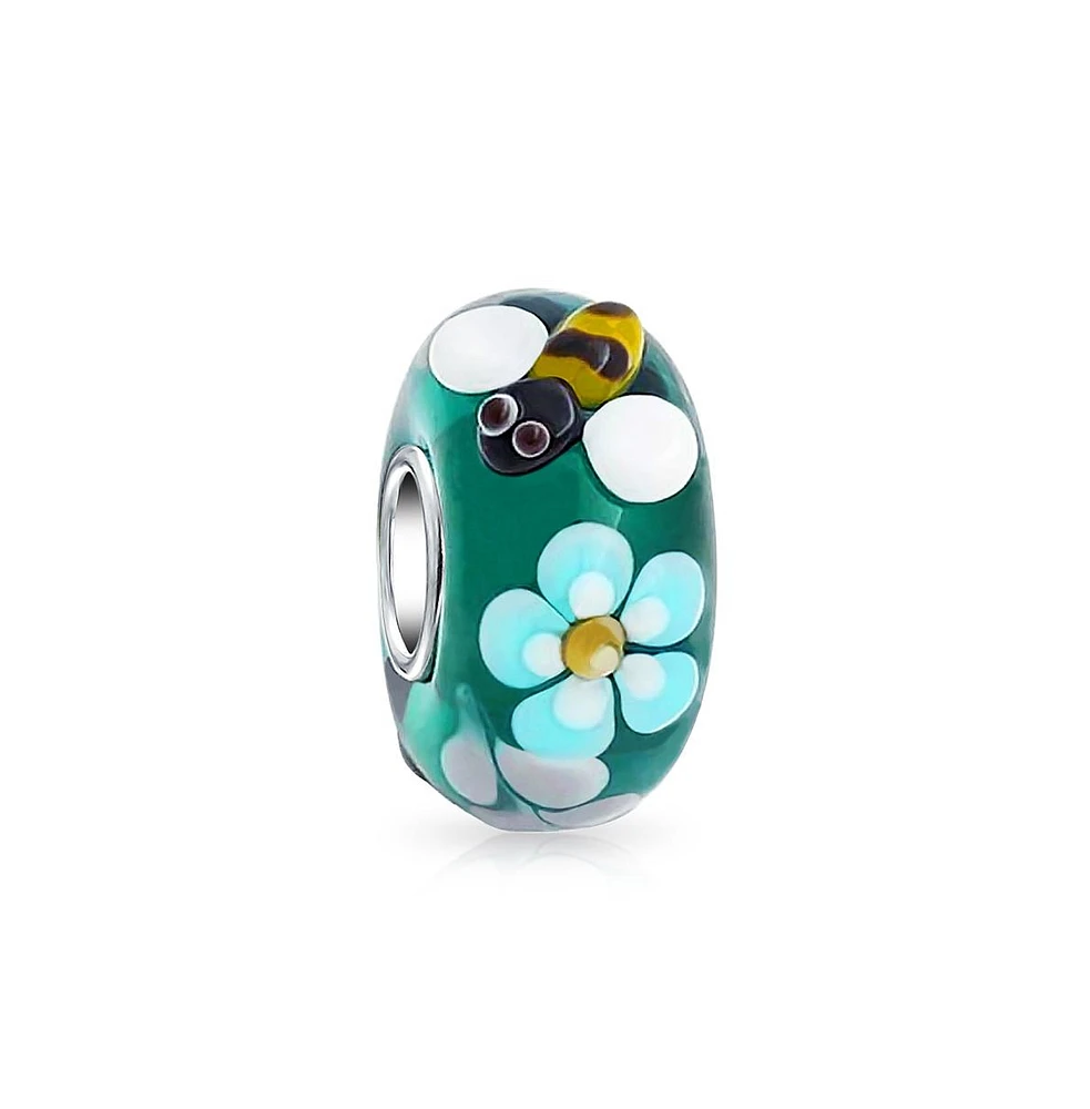 Bling Jewelry Teal Silver Bee Flower Murano Glass Charm Bead for European Bracelets