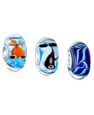 Bling Jewelry Nautical Glass Charm Bead Set Silver Core Multi-Color Murano Fish & Whale Design