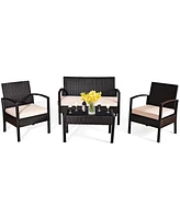 8PCS Patio Rattan Conversation Furniture Set Cushioned Seat Glass Table