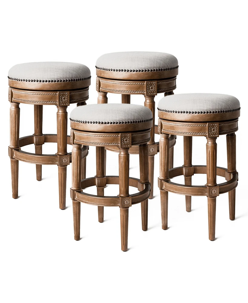 Maven Lane Pullman Backless Bar Stool in Weathered Oak Finish w/ Sand Color Fabric Upholstery, Set of 4