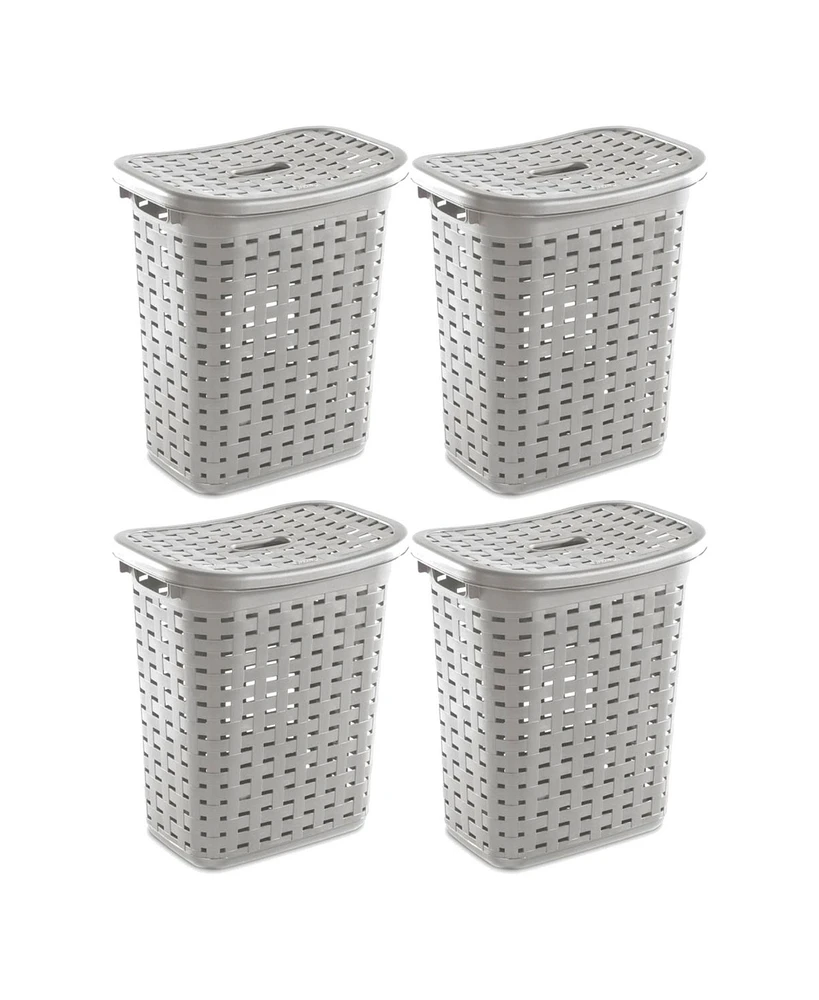 Sterilite Plastic Weave Laundry Hamper Slim Clothes Lidded Basket, Gray, 4-Pack