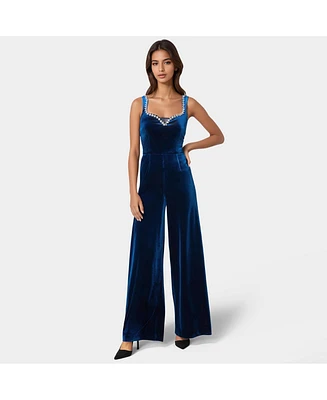 Bebe Women's Embellished Neckline Ultra Wide Leg Jumpsuit