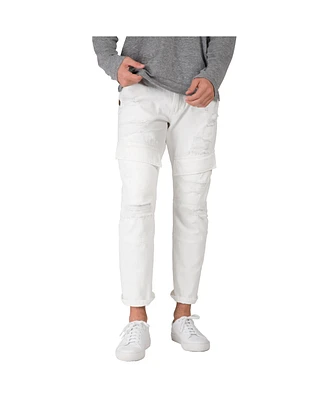 Level 7 Men's Slim Straight Distressed Front Cargo Pockets Premium White Jeans