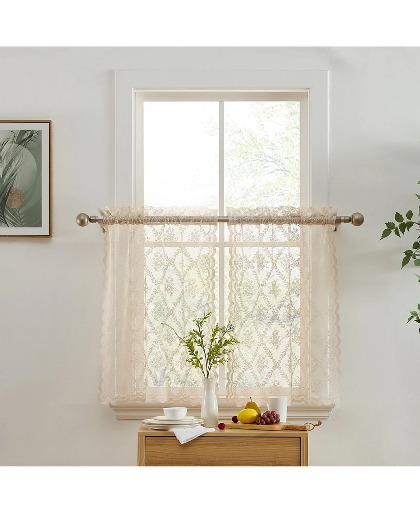 Hlc.me Isabella Floral Rod Pocket Lace Semi Sheer Voile Short Cafe Tiers for Small Windows - 28 x 36 Inch Length (Taupe Tiers, Set of 2)