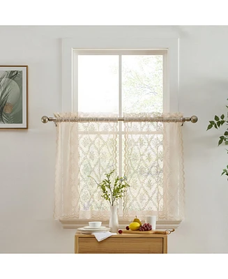 Hlc.me Isabella Floral Rod Pocket Lace Semi Sheer Voile Short Cafe Tiers for Small Windows - 28 x 36 Inch Length (Taupe Tiers, Set of 2)
