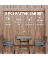 Lovmor 3 Pcs Rattan Wicker Bar Set with Wood Grain Top Table and 2 Bar Stools for Outdoor, Patio, Poolside, Garden, Grey