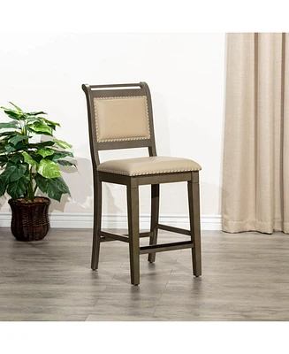 24" Counter Height Farmhouse Stool, Leather Seat, Rustic Upholstered Kitchen Stool (1PK)-The Pop Home