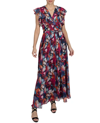 Donna Ricco Women's Printed Flutter-Sleeve Maxi Dress