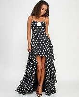 City Studios Juniors' Dot Print Ruffled High-Low Chiffon Gown