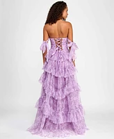 Say Yes Juniors' Floral-Print Tiered Off-The-Shoulder Ball Gown, Created for Macy's