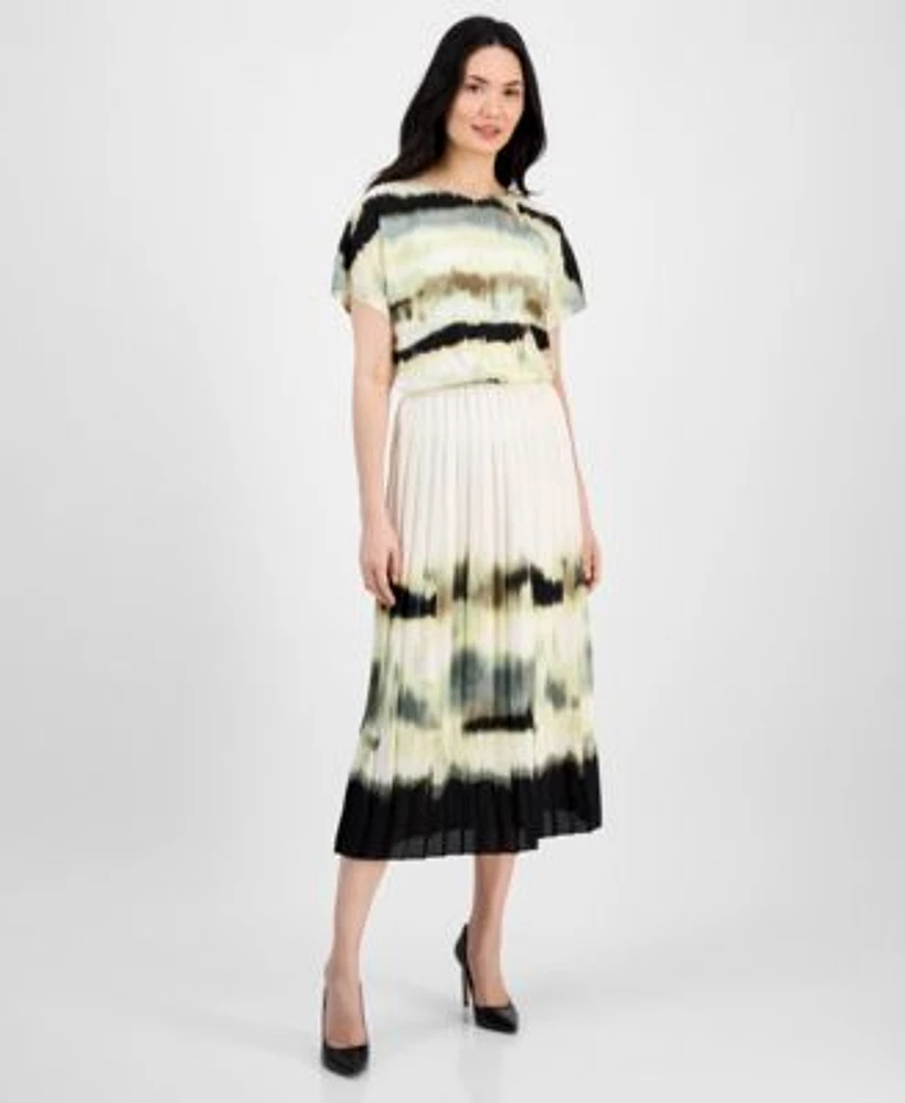 Anne Klein Womens Printed Dolman Sleeve Top Pleated Pull On Midi Skirt