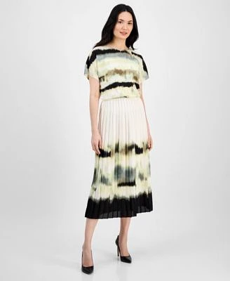 Anne Klein Womens Printed Dolman Sleeve Top Pleated Pull On Midi Skirt